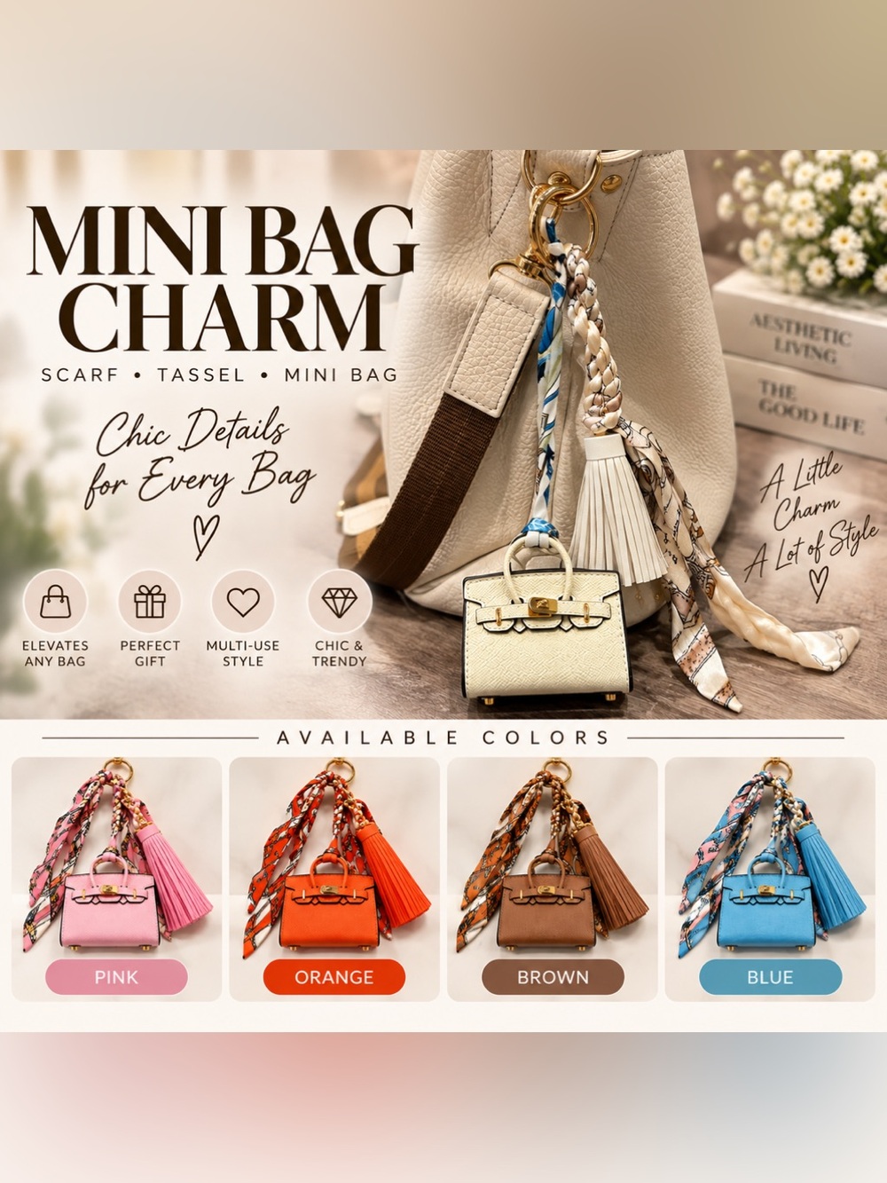 Mini Top Handle Handbag Charm Keychain with Scarf & Tassel – Cream